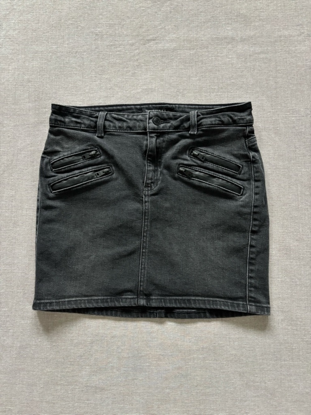 Guess vintage black denim moto fitted bodycon mini skirt.